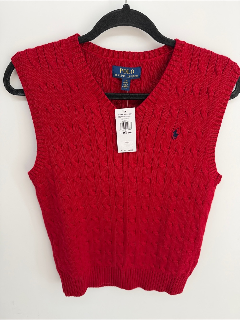 Polo Ralph Lauren V-neck cable knit pullover sweater vest sz 14-16 NEW
